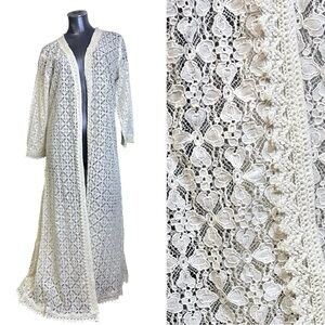 Elegant Vintage Ivory Lace Long Sleeve Duster Cardigan Cover 100% Cotton Womens